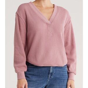 Madewell women’s XXS Pink Brushed Waffle v-neck long sleeve shirt